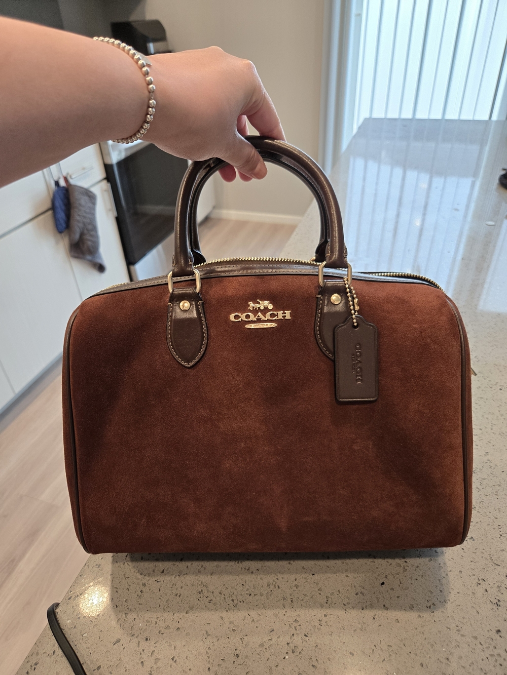 COACH Brown Suede Top-Handle Satchel with Gold Hardware